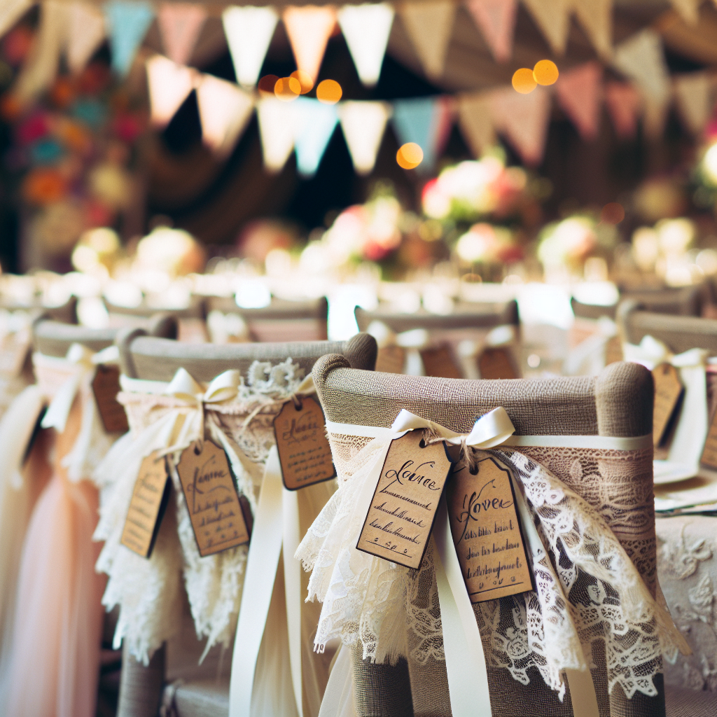 Une décoration de réception détaillée avec des étiquettes en papier kraft pour les noms des invités, des rubans en dentelle pour décorer les chaises, des fanions en tissu et des pancartes en bois avec des messages d'amour.