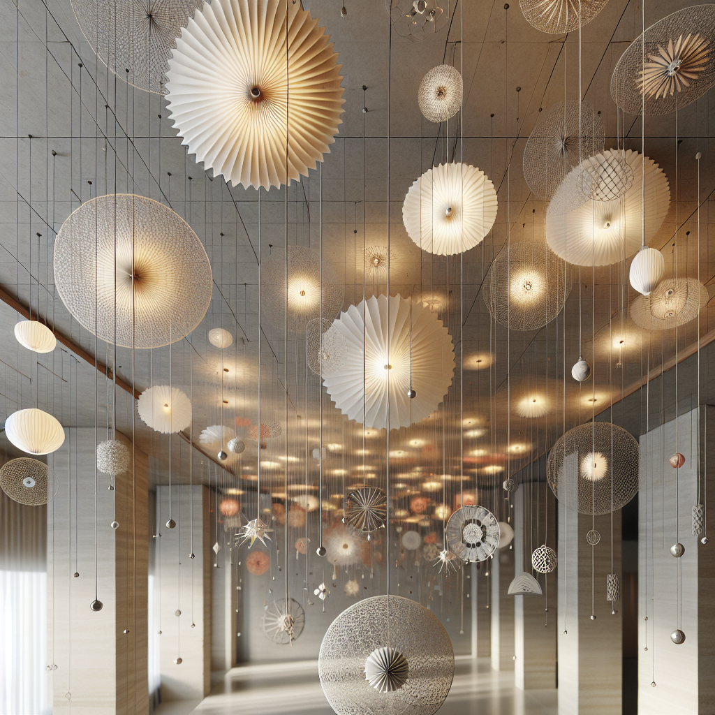 Décoration de plafond dynamique avec des lanternes en papier de différentes hauteurs et des mobiles géométriques et floraux apportant légèreté et mouvement.