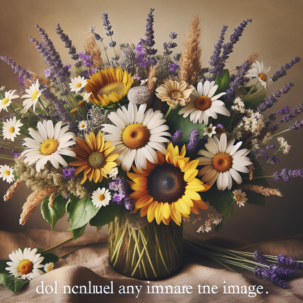 Arrangement floral de mariage champêtre avec marguerites, lavandes et tournesols, reflétant une ambiance fraîche et naturelle.
