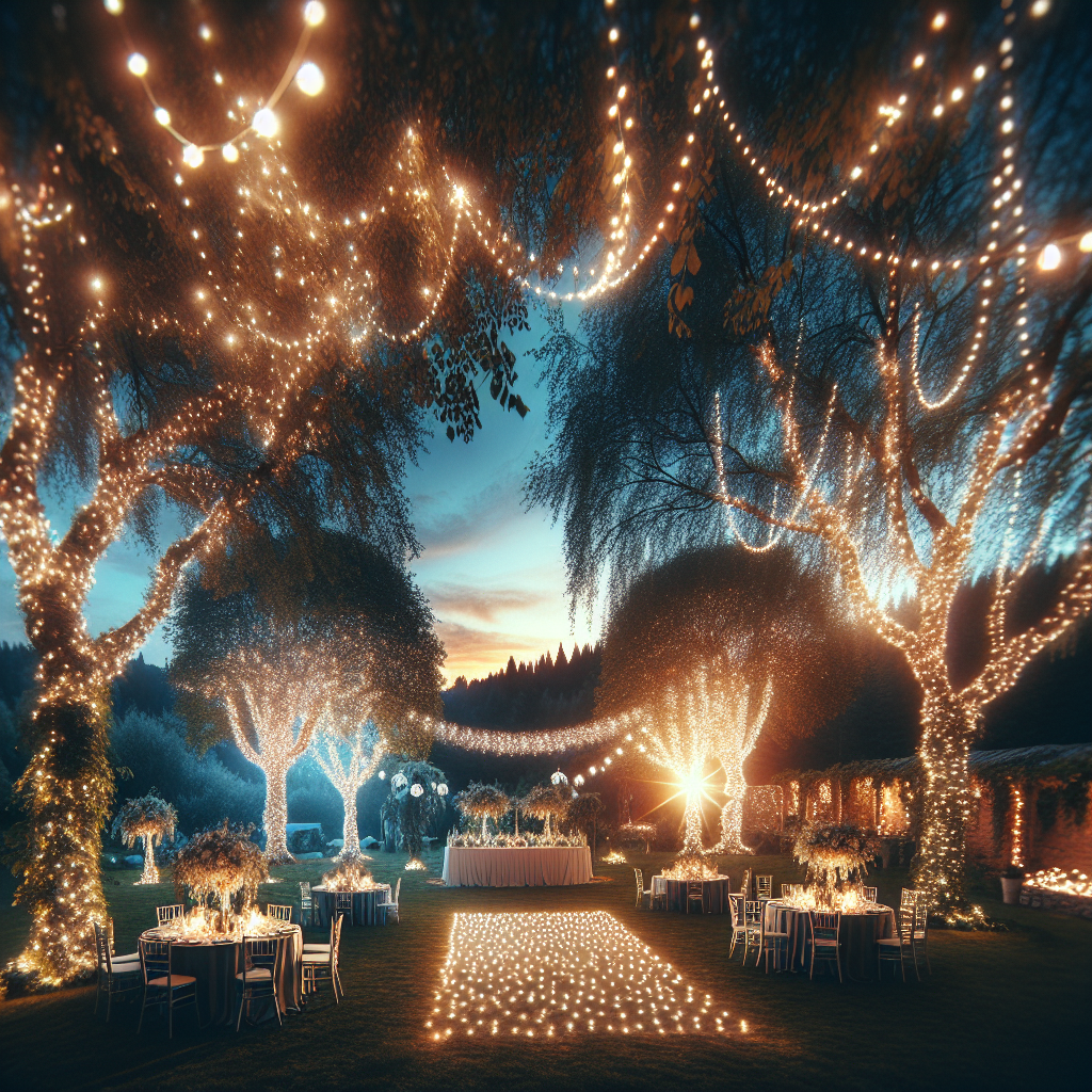 Décoration de mariage en plein air avec des guirlandes lumineuses accrochées aux arbres, autour de la table principale et au-dessus de la piste de danse, créant une ambiance féérique.
