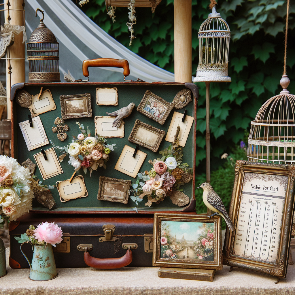 Décoration charmante avec des objets vintages : une vieille valise transformée en urne, des cadres photos anciens pour un plan de table, des cages à oiseaux et des arrosoirs vintages utilisés comme arrangements floraux.
