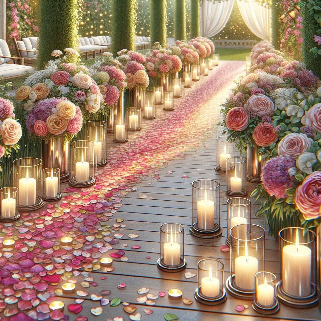 Allée décorée avec des pétales de fleurs et des bougies, créant une ambiance romantique.