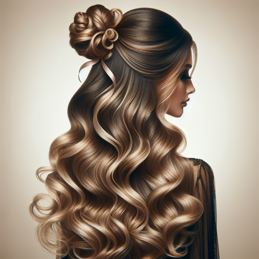 Une femme avec une coiffure demi-chignon très tendance, les cheveux ondulés et quelques boucles pour un effet glamour.