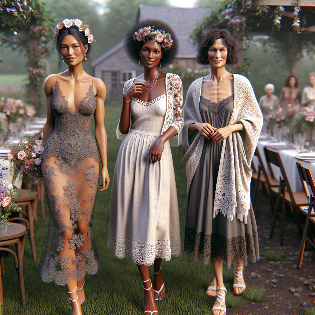 Trois femmes portant des tenues de mariage champêtre appropriées à leur âge, dans un cadre extérieur rustique. Une femme dans la trentaine porte une robe en dentelle avec une couronne de fleurs, une femme dans la cinquantaine porte une robe en lin avec un boléro chic, et une femme dans la soixantaine porte une robe en coton avec un châle léger.