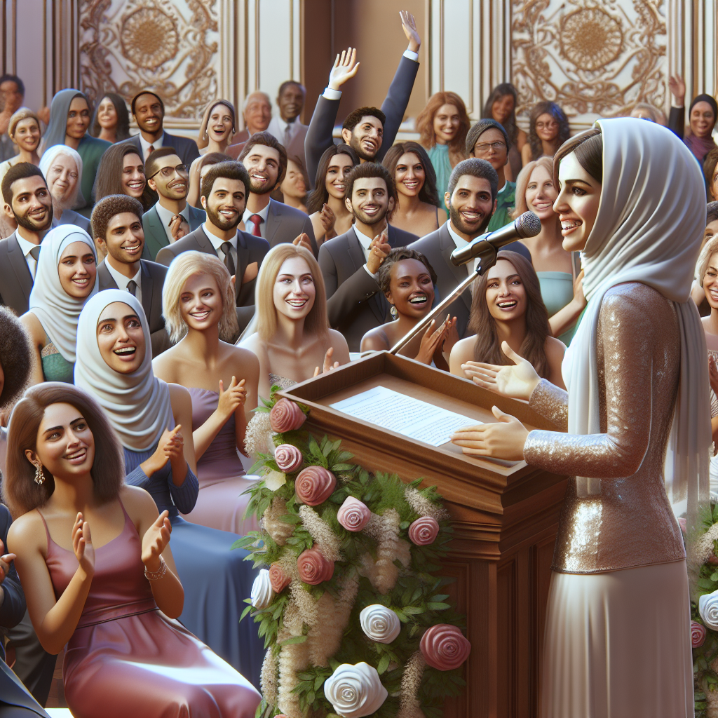 Personne donnant un discours de mariage avec des invités heureux et divers expressions faciales.