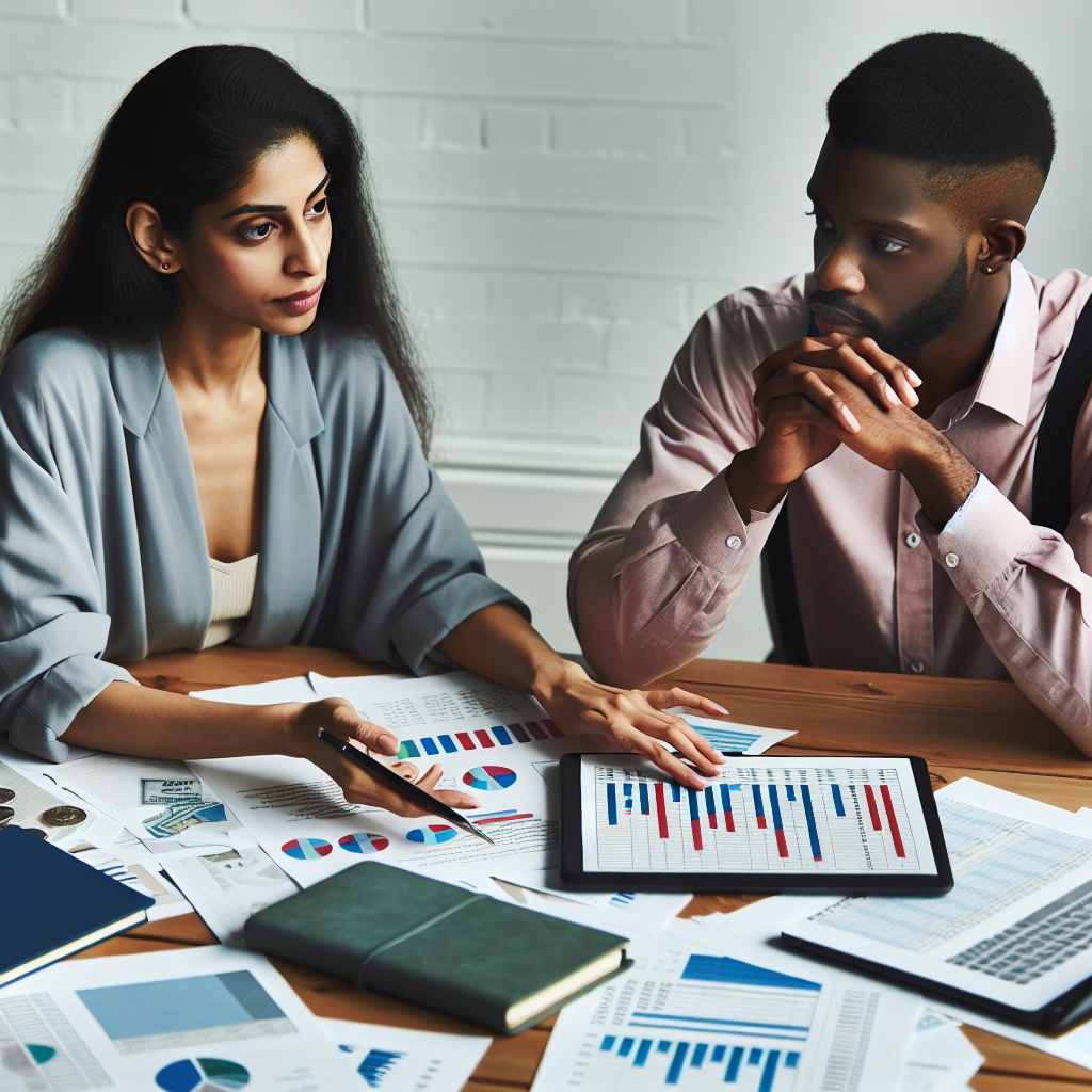 Un couple assis à une table, discutant de leur budget avec un ordinateur portable et des documents financiers.