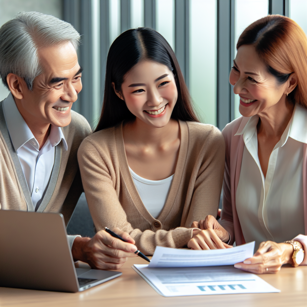 Un couple marié discutant de leurs finances avec un représentant bancaire dans un bureau. Ils tiennent des documents, regardent un ordinateur portable et sourient, dans un cadre professionnel et convivial.