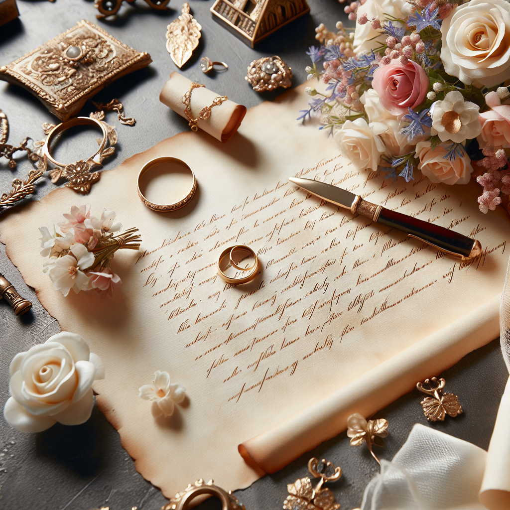Une lettre formelle et personnelle écrite à la main sur du papier parchemin, entourée de symboles de mariage comme des anneaux, un bouquet de fleurs et une église.
