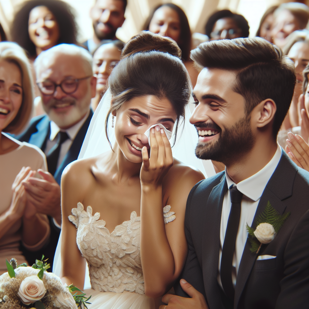 Un moment de discours de mariage avec des émotions authentiques, montrant des larmes de joie et des sourires radieux parmi la mariée, le marié et les invités.