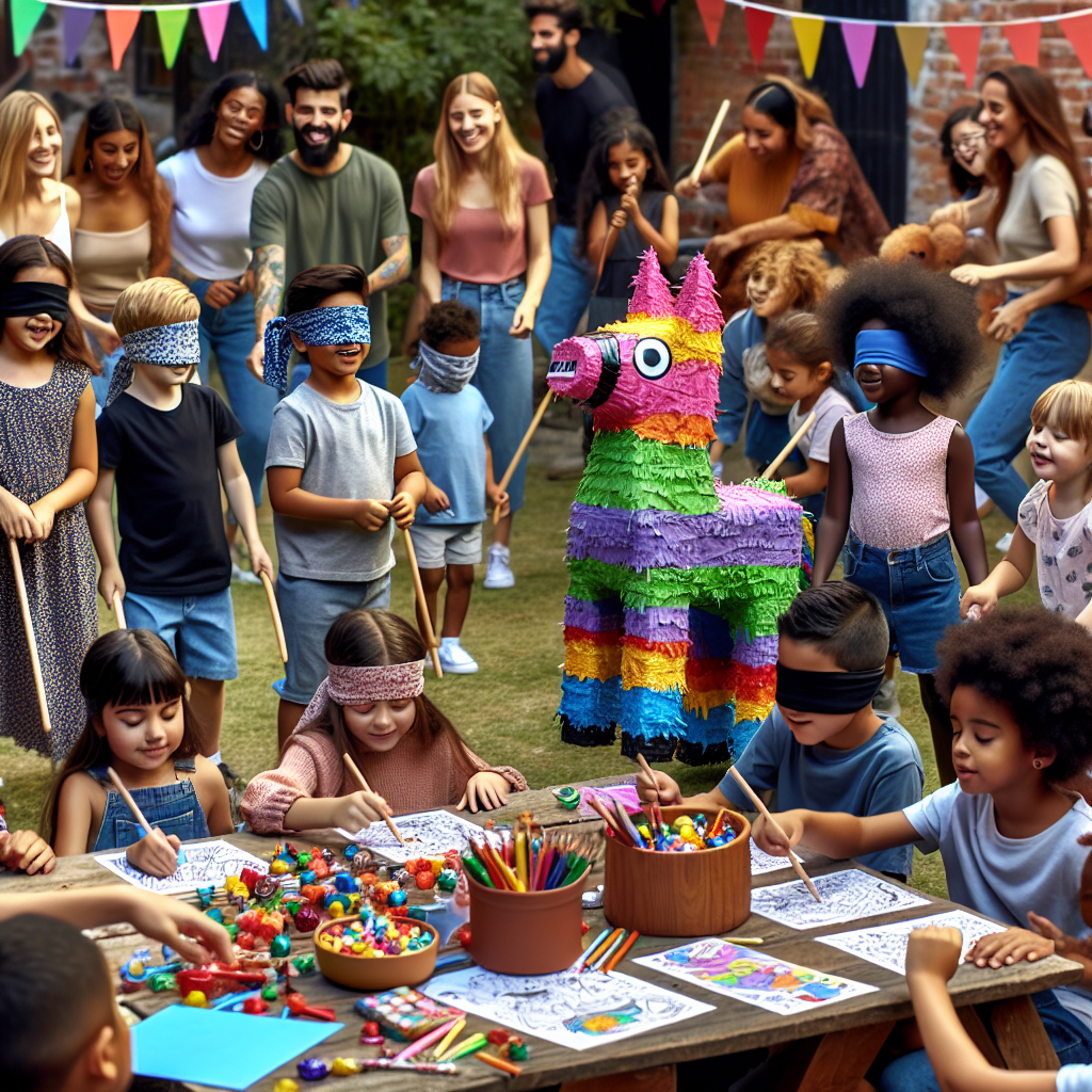 Enfants jouant avec une piñata multicolore remplie de bonbons et montrent un coin coloriage où des enfants colorient des livres avec des crayons et des feutres, sur une table pleine d'autocollants.
