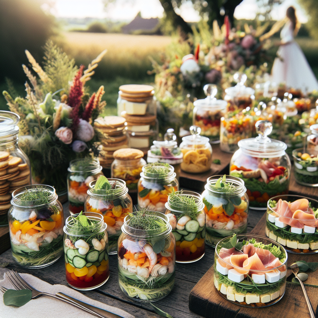 Un ensemble rustique d'entrées légères et fraîches pour un mariage champêtre, comprenant des verrines avec des légumes de saison et des fruits de mer, des salades composées dans des bocaux en verre, et des plateaux de fromages et de charcuterie locale.