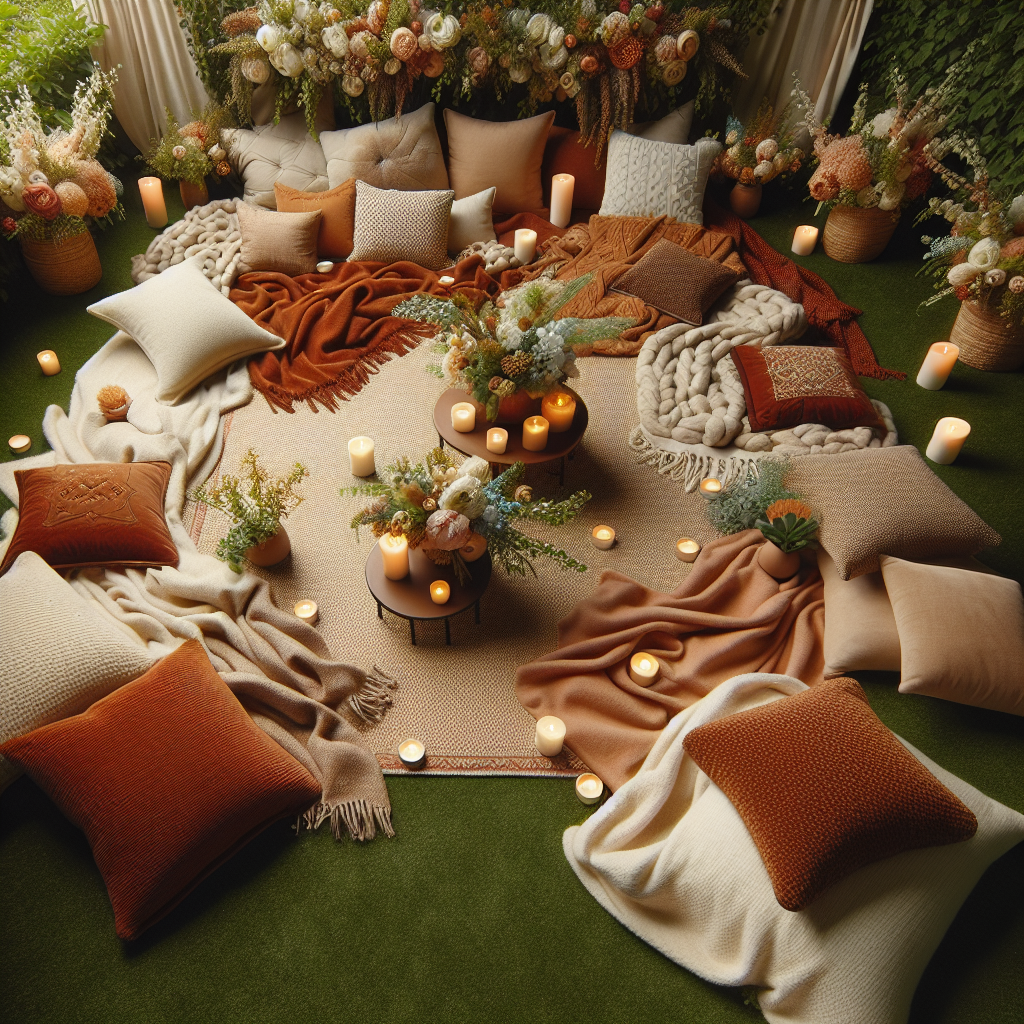 Un espace détente confortable avec des coussins, des tapis et des couvertures disposés sur une pelouse ou dans un coin cosy d'une salle. De petites tables avec des fleurs et des bougies apportent une ambiance accueillante.