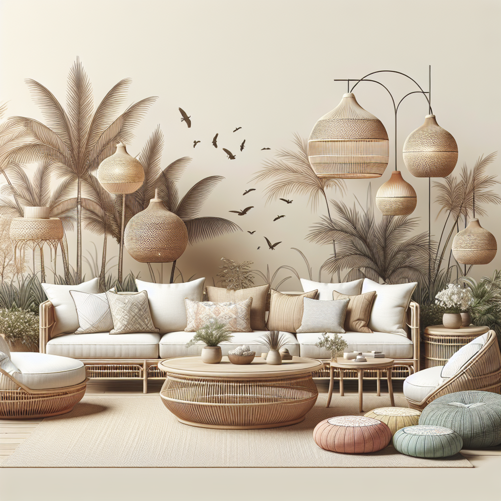 Un espace lounge avec des canapés en rotin, des chaises longues et des coussins moelleux, créant une ambiance cosy et accueillante.