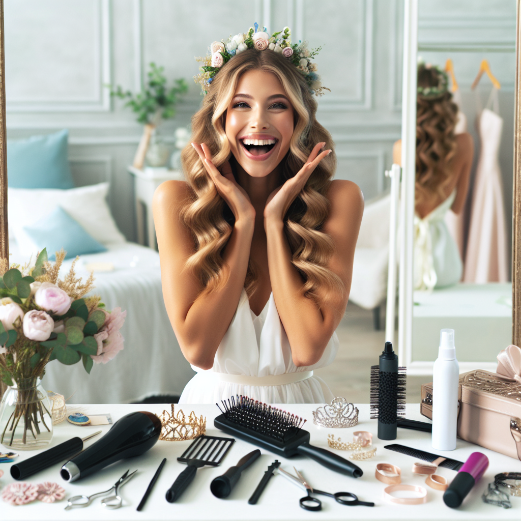 Une future mariée assise devant un miroir, essayant différentes coiffures pour son mariage, avec divers accessoires capillaires et outils de coiffure visibles