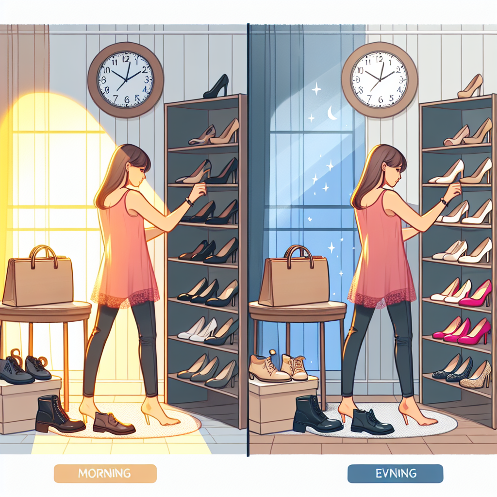 Une personne essayant des chaussures dans une pièce bien éclairée à différents moments de la journée, montrant des scénarios matinaux et soir. Inclure plusieurs paires de chaussures et une horloge affichant différentes heures.