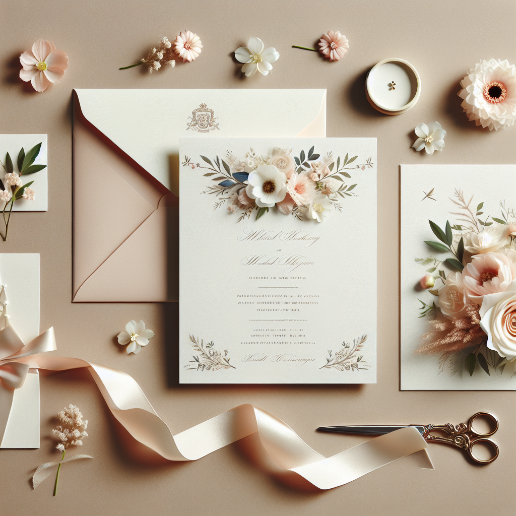 Une carte d'invitation de mariage magnifiquement décorée à côté d'une enveloppe postale, entourée de fleurs délicates et de papeterie élégante. Design sophistiqué et classique sans texte.