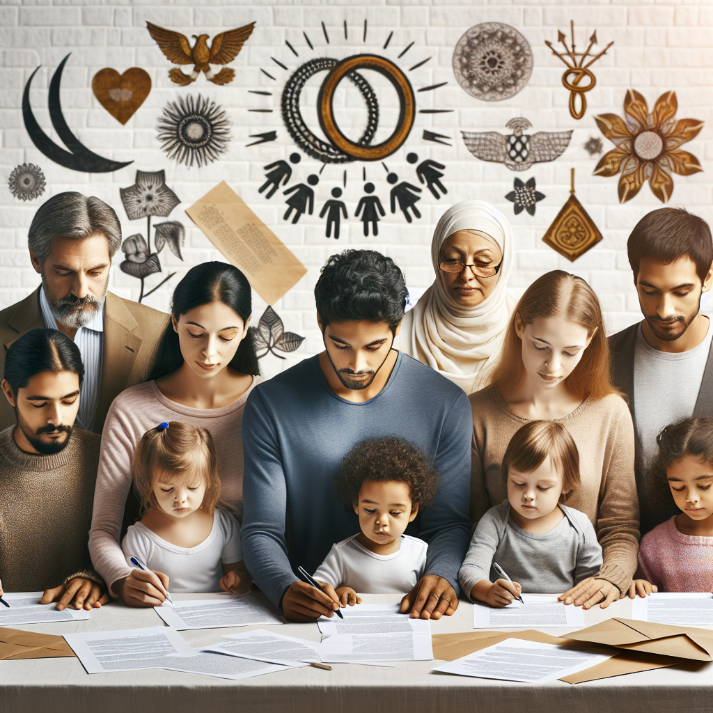 Une famille assise à une table remplissant des documents officiels, avec des symboles des événements familiaux comme la naissance, des alliances, et des documents en arrière-plan.