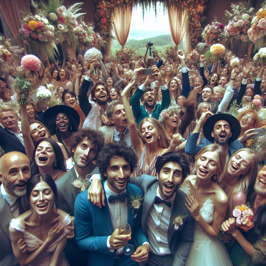 Des personnes souriantes et heureuses lors d'une célébration de mariage avec des fleurs en arrière-plan.