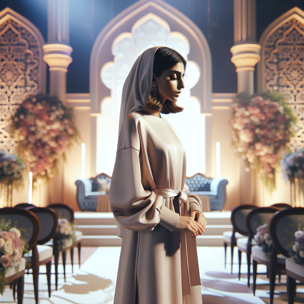 Une personne debout sur scène, prenant une profonde respiration, restant calme et confiante, avec un décor suggérant une cérémonie de mariage.