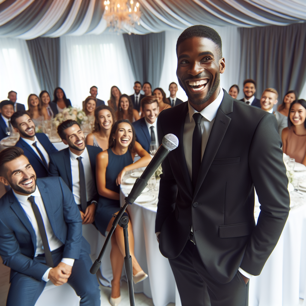 Une personne faisant un discours amusant lors d'un mariage, avec des invités souriants et riant.