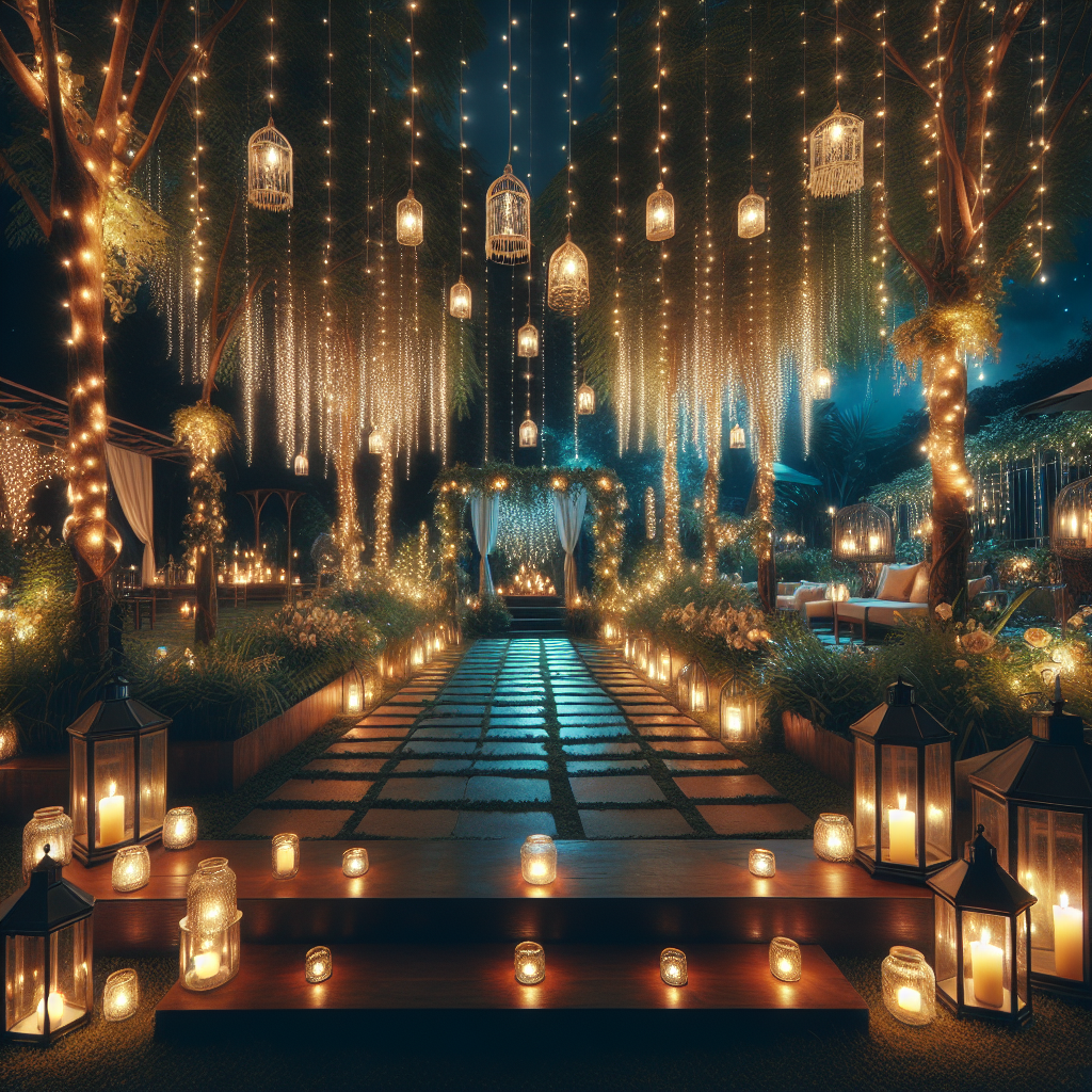 Un jardin enchanté illuminé de guirlandes lumineuses, de lanternes suspendues et de bougies dans des bocaux en verre.