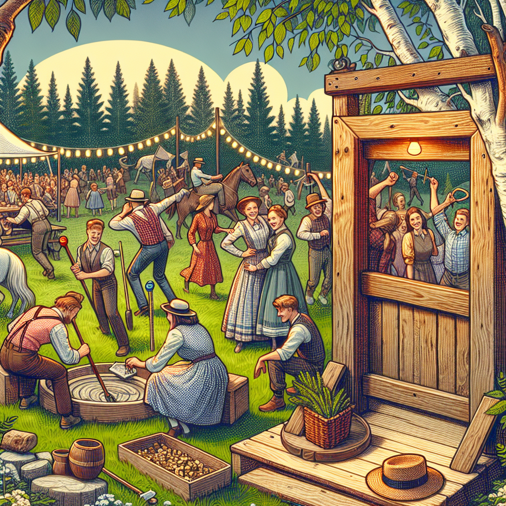 Des invités participent à des jeux champêtres lors d'une soirée en plein air, avec un photobooth rustique, une ambiance musicale folk et country.