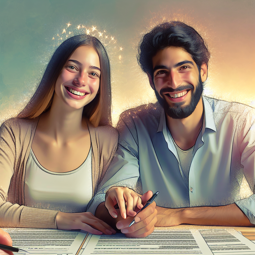 Un jeune couple souriant recevant de l'aide ou des conseils, avec un arrière-plan subtil représentant des documents financiers ou des éléments liés au notaire.