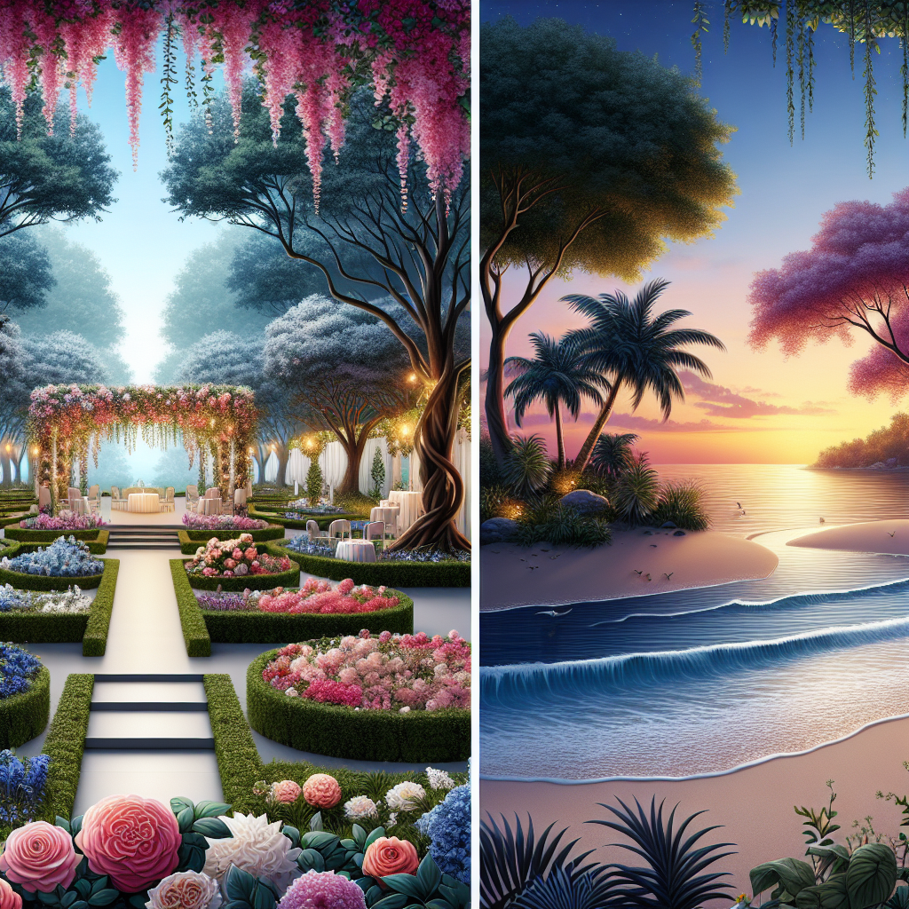 Un lieu de décoration extérieure idéal, avec le choix entre un jardin romantique avec des fleurs et des arbres, ou une plage au coucher du soleil avec des vagues.
