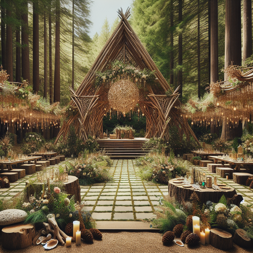 Lieu de mariage bohème en plein air avec décorations naturelles, bois et pierres apparentes