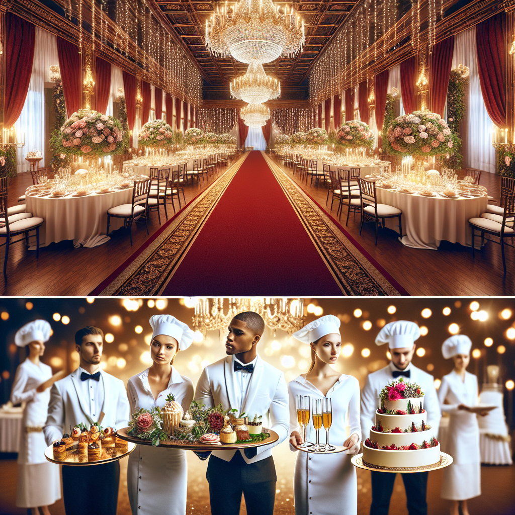 Une salle de mariage luxueuse avec décoration élégante, buffet de traiteur appétissant, et personnel de service professionnel.