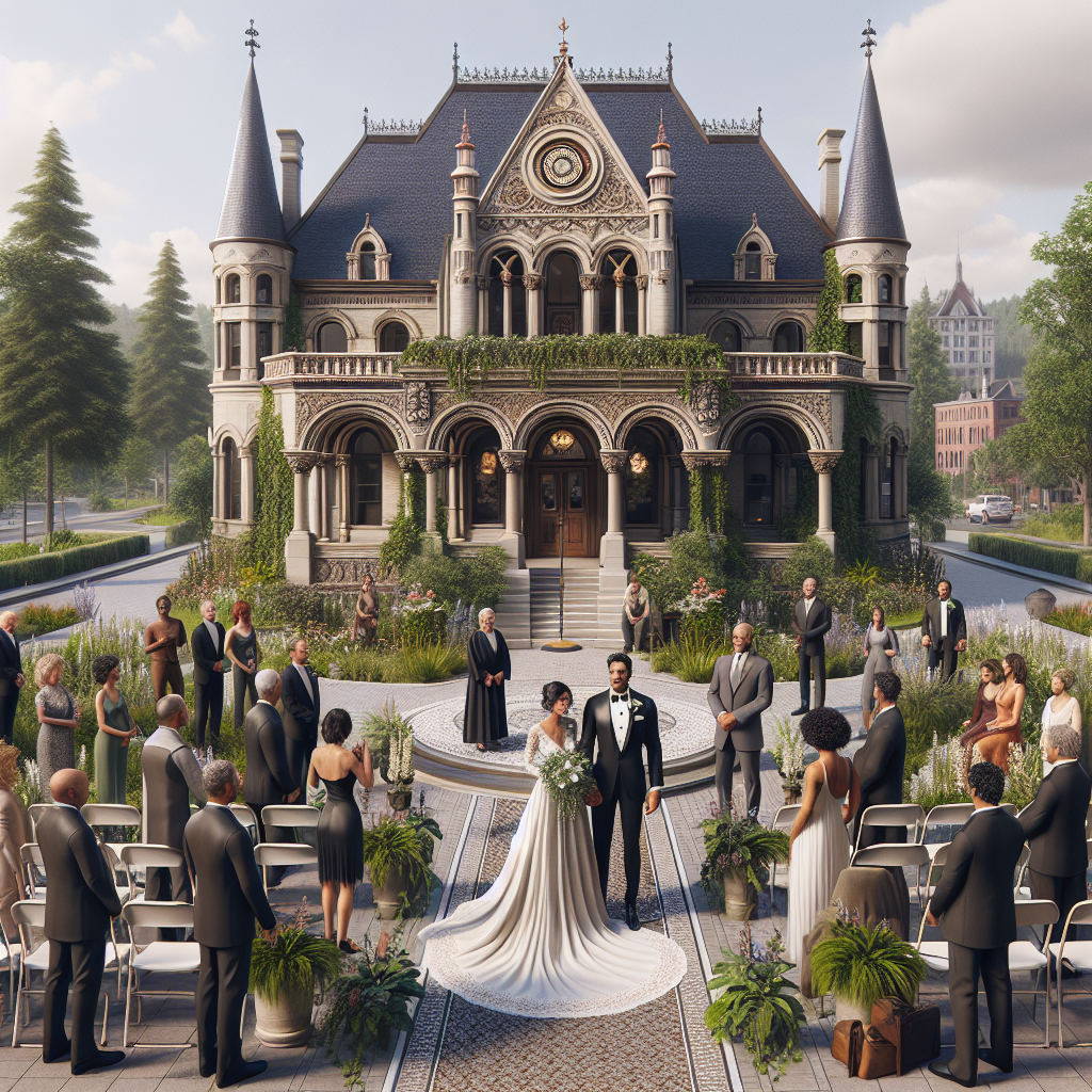 Une vue pittoresque d'une mairie avec une cérémonie de mariage devant. On y voit les mariés, les invités et quelques employés municipaux. Le bâtiment de la mairie est élégant et ancien, avec de la verdure et des décorations autour. Un parc à proximité et une zone de réception en préparation peuvent être visibles.