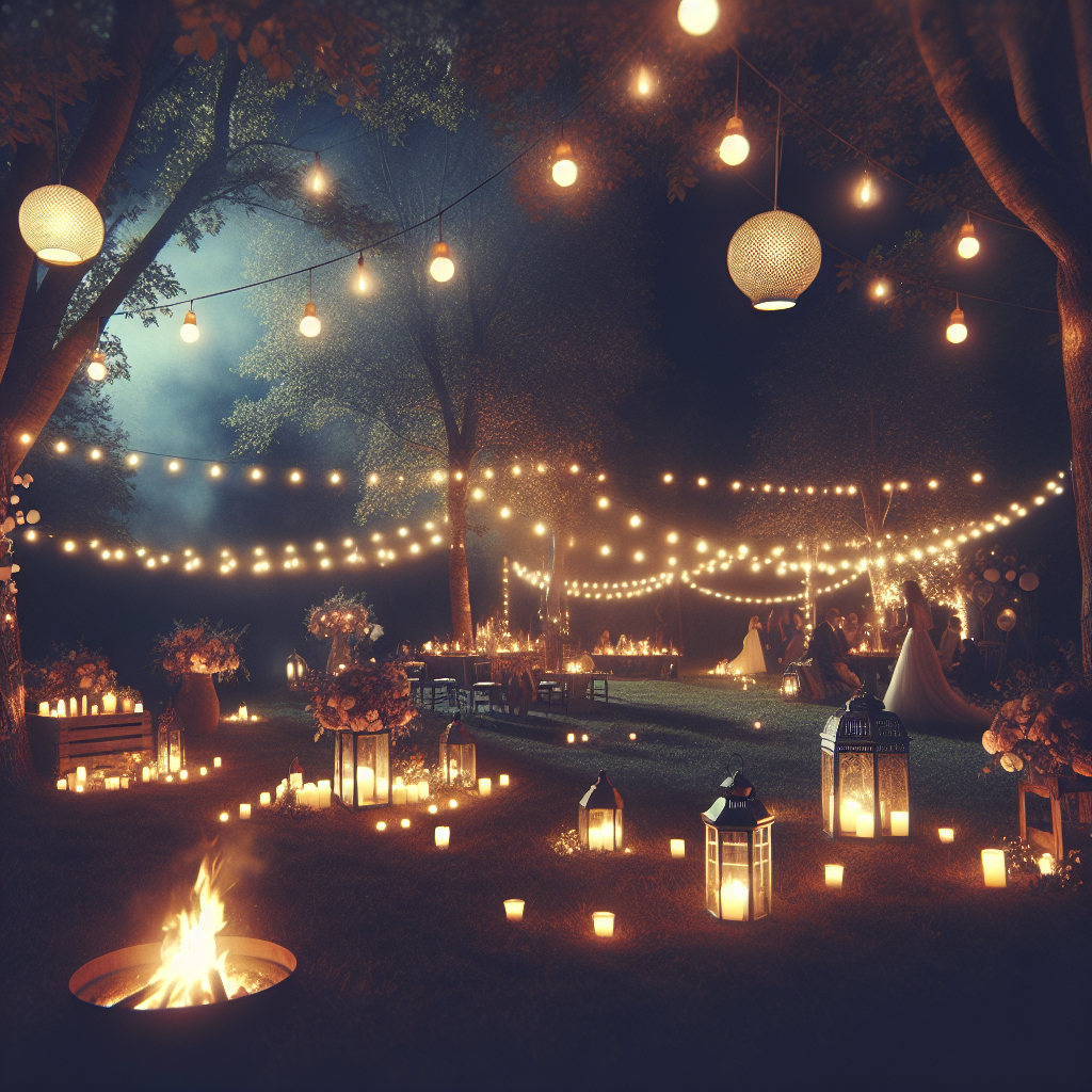 Scène de nuit d'un mariage romantique avec des guirlandes lumineuses et des lanternes suspendues aux arbres, des bougies disposées autour, et un feu de camp chaleureux.