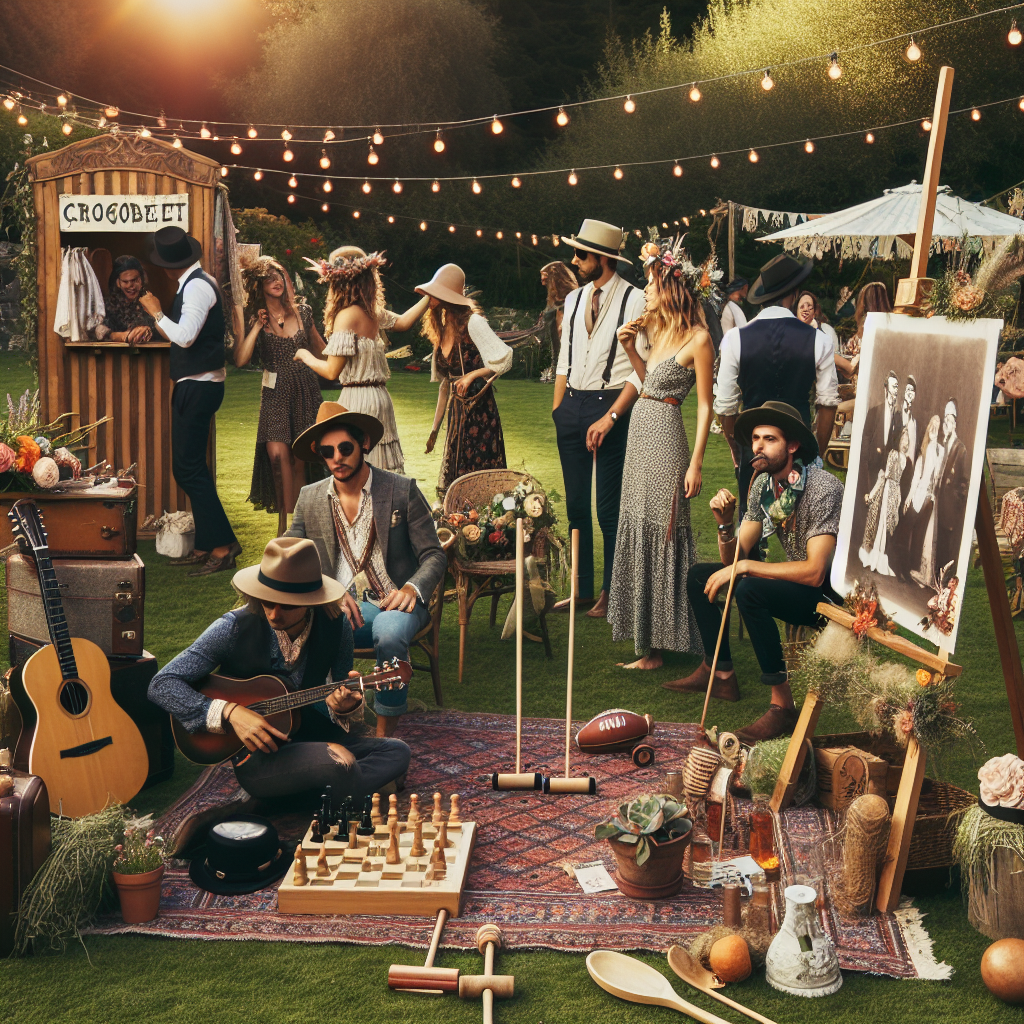 Scène de mariage bohème avec musique acoustique live, jeux en plein air et photobooth vintage