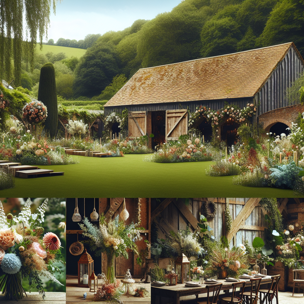 Un mariage champêtre en extérieur avec une grange rénovée, des jardins verdoyants et une décoration rustique.