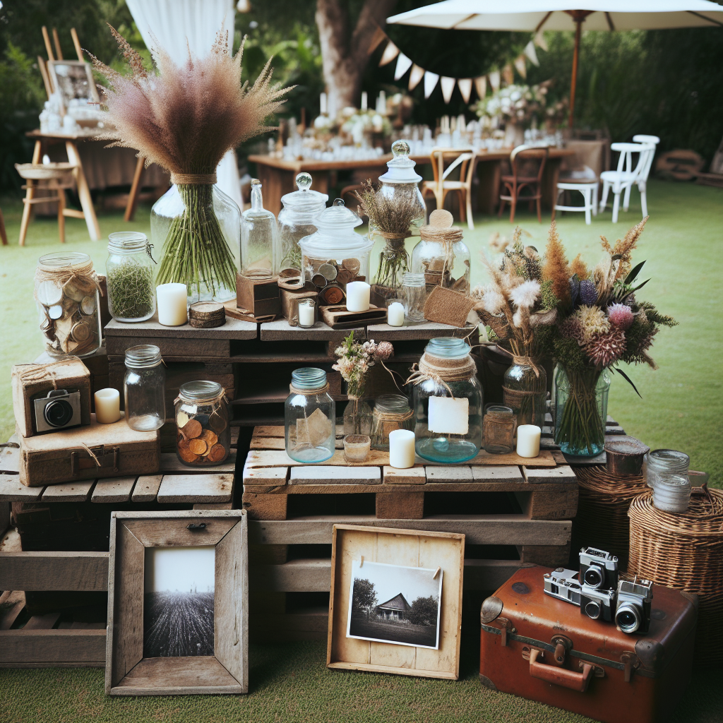 Lieu de mariage en plein air décoré avec des bocaux en verre, des palettes en bois et des objets vintage comme des valises anciennes et des cadres photo.