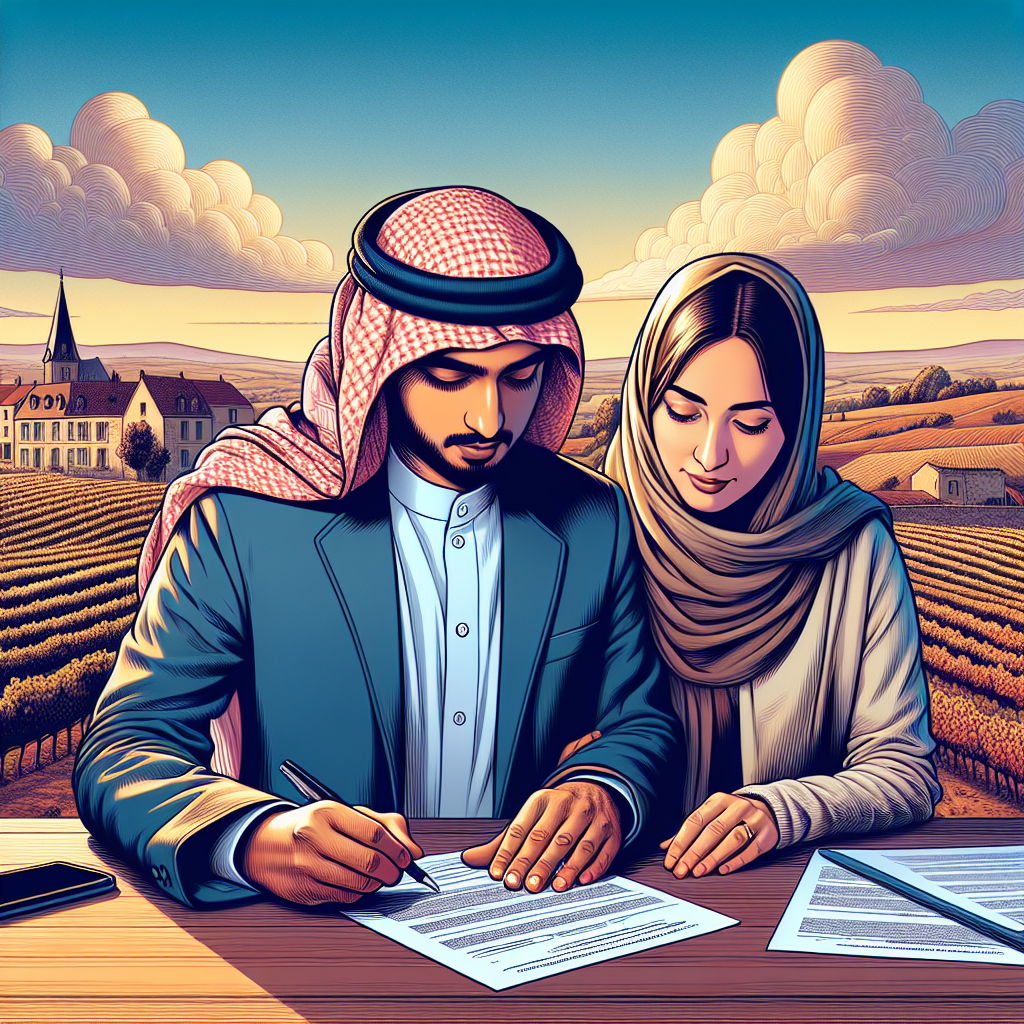 Illustration d'un couple mixte remplissant des papiers avec un paysage français en arrière-plan, symbolisant les démarches pour le mariage d'un conjoint étranger.