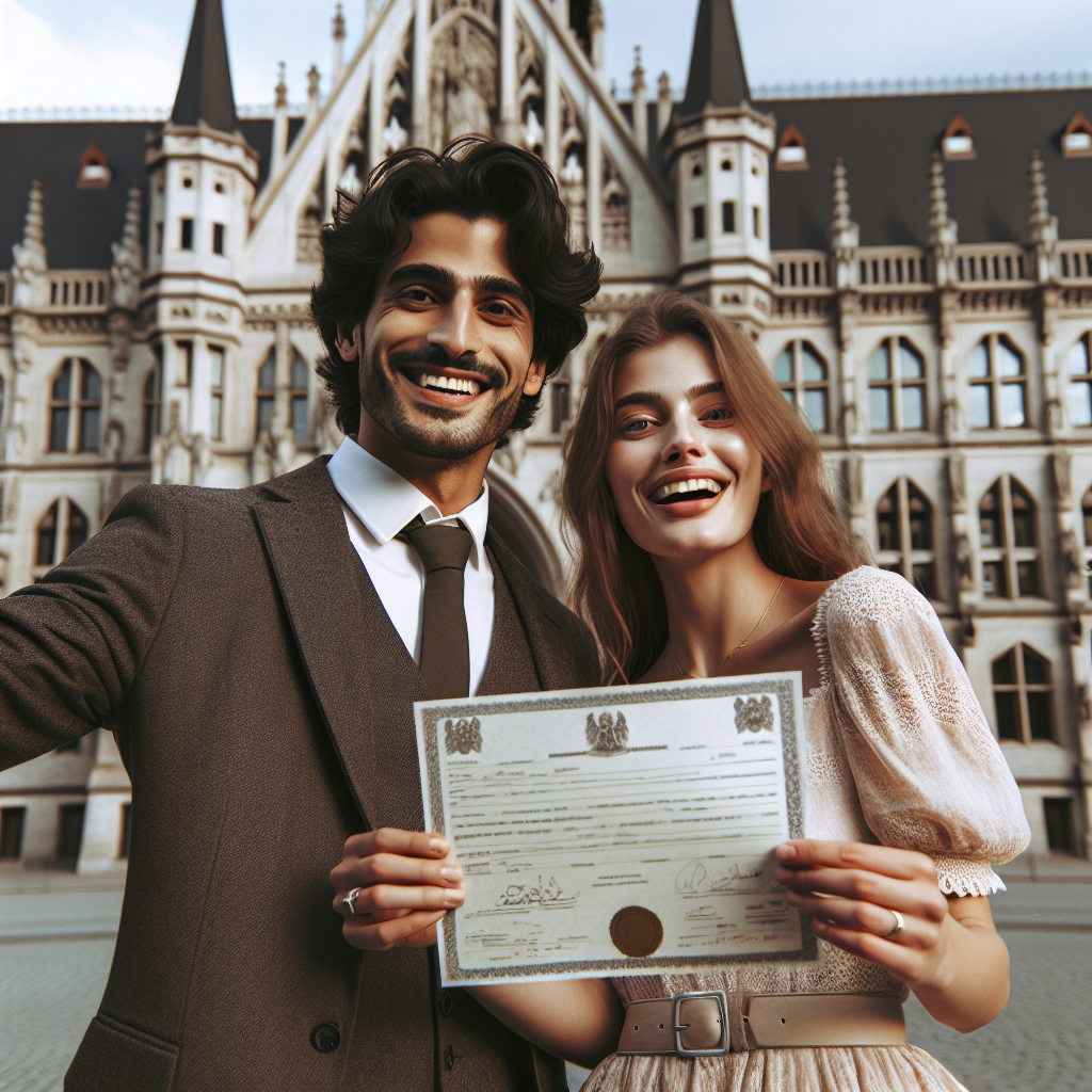 Un couple heureux devant la mairie avec un certificat de mariage.