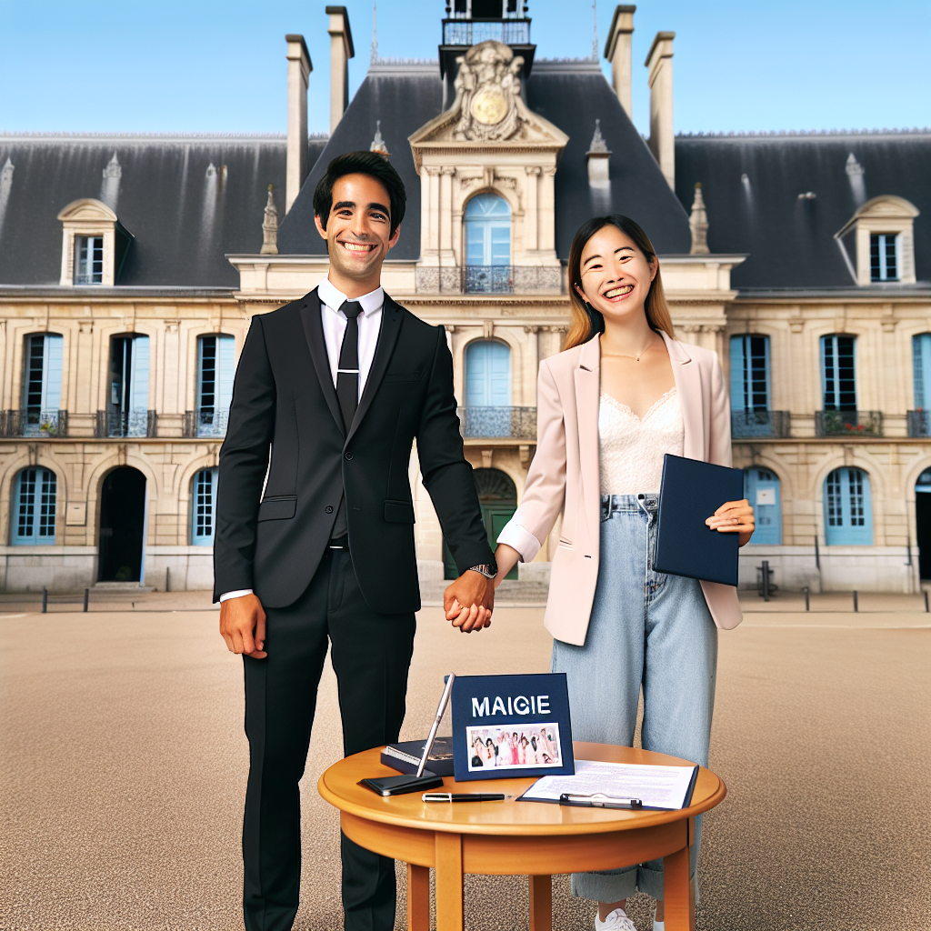 Un couple heureux debout devant une mairie, se tenant par la main. La mairie est un bâtiment français traditionnel avec un panneau indiquant Mairie. Il y a une petite table devant eux avec des papiers de mariage et un stylo. La scène se déroule par une journée ensoleillée avec un ciel bleu clair.