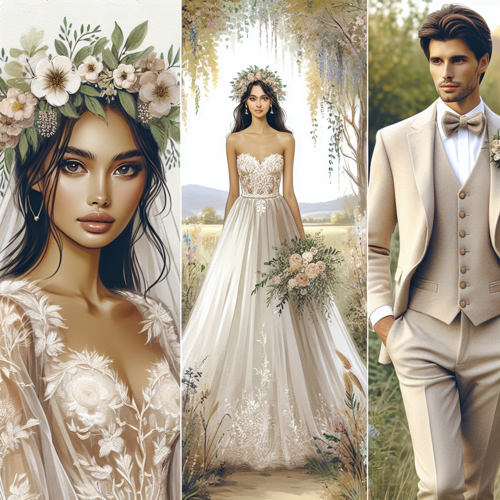 Scène de mariage champêtre avec une mariée en robe fluide avec des détails floraux et une couronne de fleurs, et un marié en costume beige ou gris clair avec une boutonnière assortie et un nœud papillon en lin.