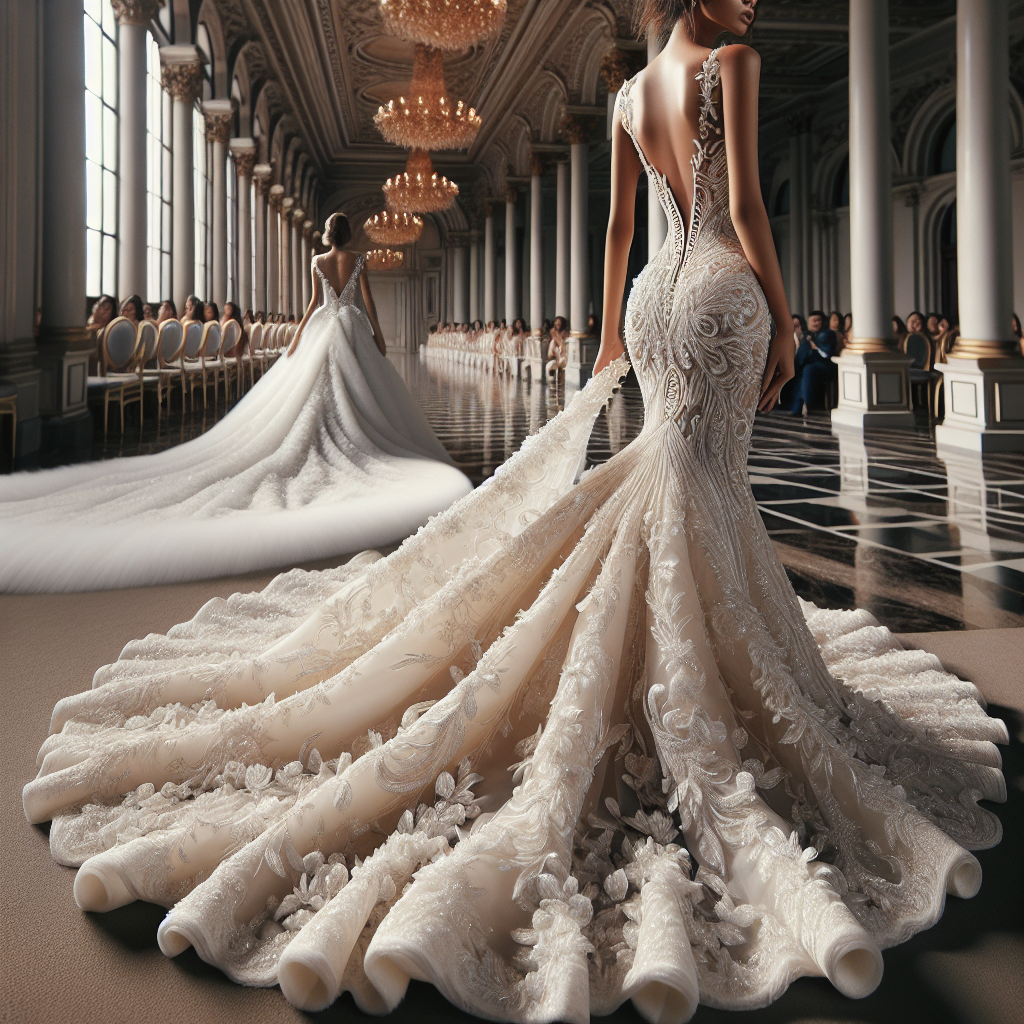 Scène de mariage luxueux avec une mariée portant une robe de mariée coupe sirène, mettant en valeur sa silhouette en sablier.