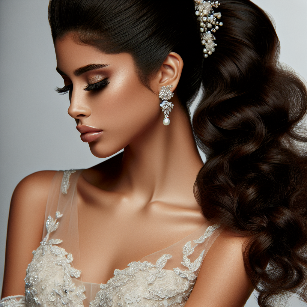 Mariée élégante avec une queue-de-cheval sophistiquée, boucles volumineuses ou texture lisse et brillante, ornée d'accessoires scintillants.
