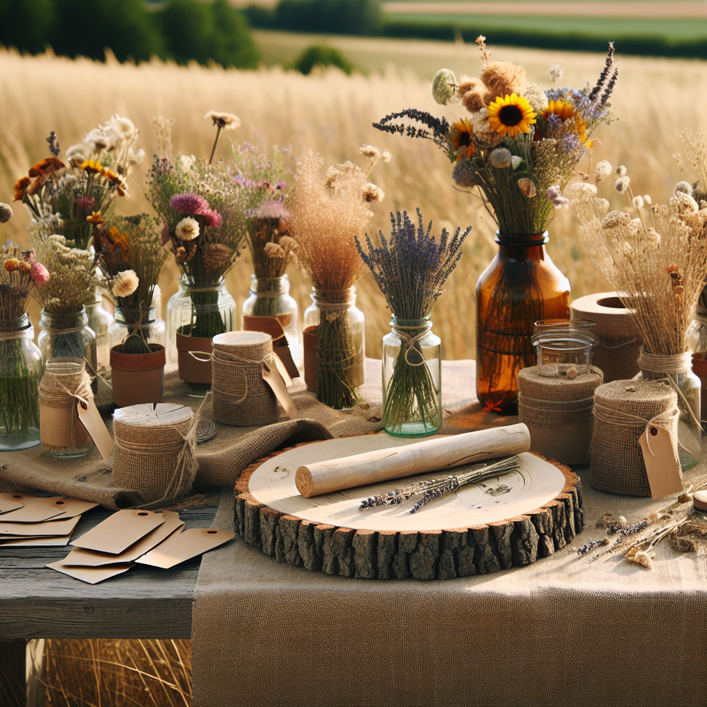 Ambiance champêtre utilisant des matériaux naturels comme des rondins de bois, du lin, de la toile de jute et des fleurs sauvages, avec des bocaux Mason remplis de fleurs et de lavande en centre de table.