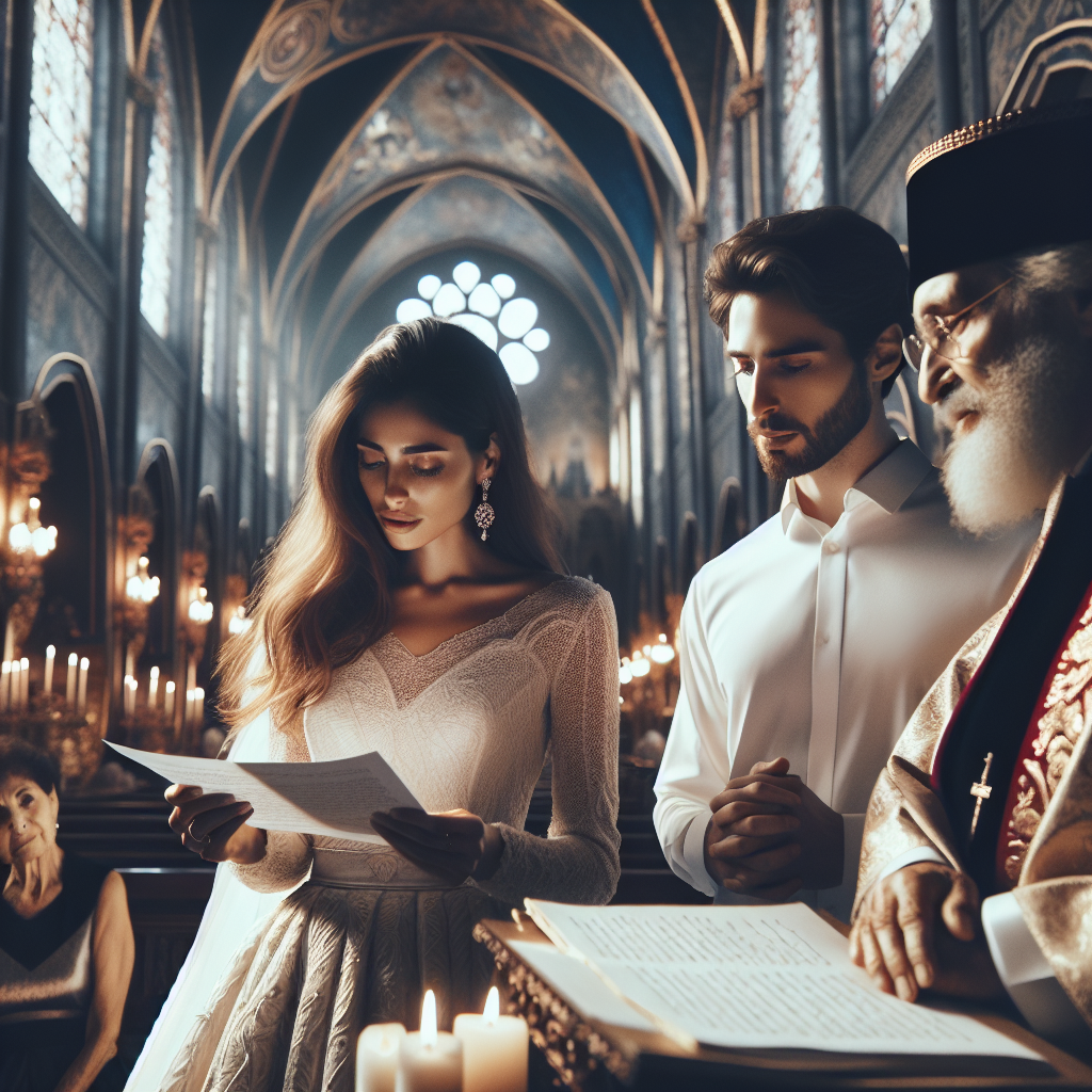 Un couple partageant une lettre émouvante lors de leur cérémonie de mariage religieux, avec un prêtre présent dans une belle église.