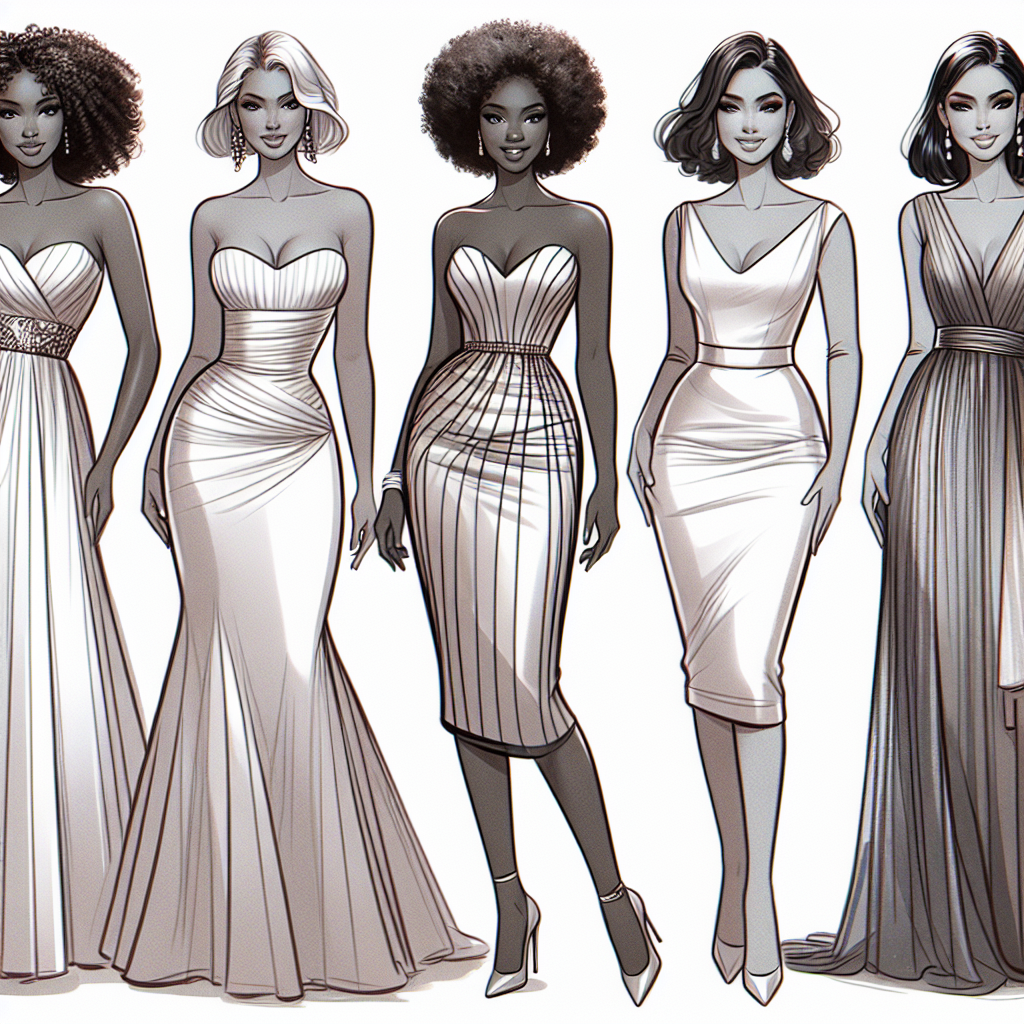 Illustration de différentes morphologies féminines avec des robes idéales : une femme avec des hanches larges portant une robe empire, une femme avec des épaules larges portant une robe volumineuse en bas, et une femme avec une silhouette droite portant une robe fourreau. En plus, une femme petite en robe midi et une femme grande en robe longue avec traîne.