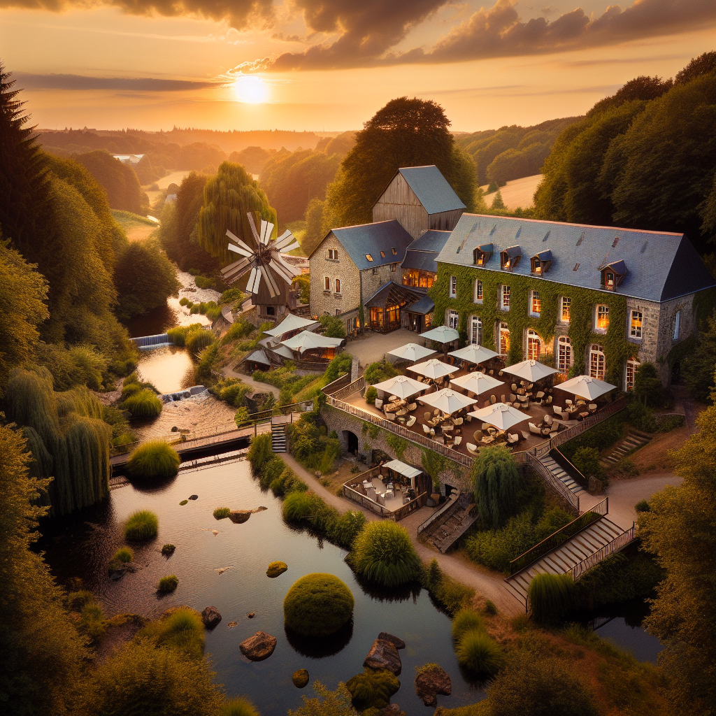 Un ancien moulin restauré avec soin, entouré de nature, avec des salles de réception, une terrasse panoramique, et un petit ruisseau serpentant autour de la propriété.