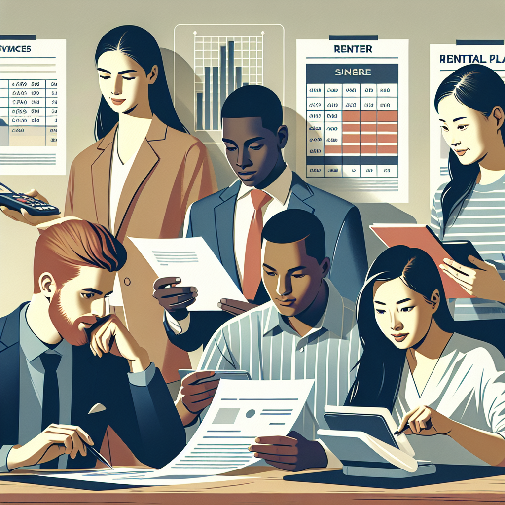 Groupe de personnes comparant des devis et discutant de plans de location, certains utilisent des calculatrices et d'autres lisent des avis de clients, dans un cadre professionnel et accueillant.