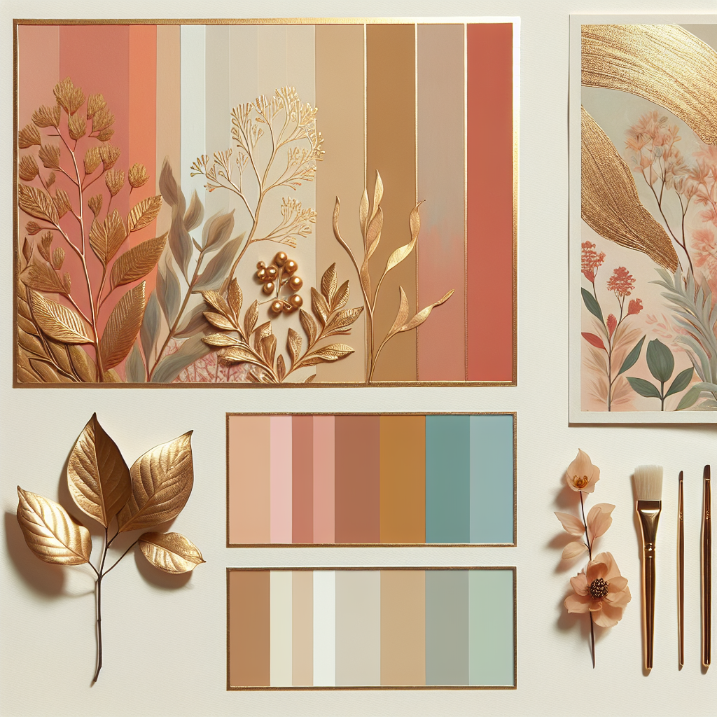 Une palette de couleurs harmonieuses avec des tons pastel, des touches dorées, des couleurs chaudes d'automne comme l'orange et le brun, et des tons doux de printemps comme le rose et le vert menthe.