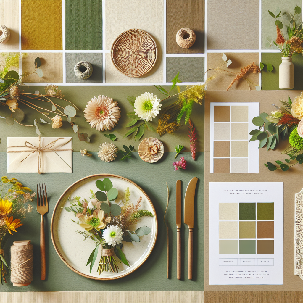 Palette de couleurs naturelles avec des tons pastel, vert olive, beige, blanc cassé, et touches de marron, accentuée par des fleurs de saison vives, harmonisant la décoration du faire-part à la table.