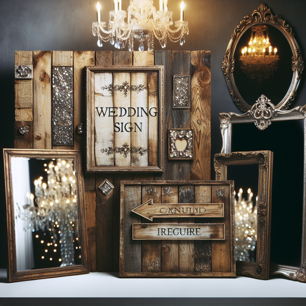 Panneaux signalétiques de mariage avec des planches de bois rustiques et des miroirs vintage pour indiquer les différents espaces comme le cocktail et le dîner.