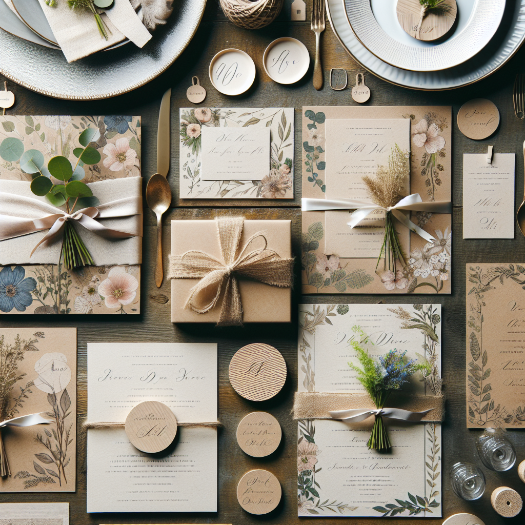 Papeterie personnalisée avec des invitations, menus, marque-places en carton recyclé et motifs floraux, ainsi que des marque-places faits maison avec des rondins de bois.